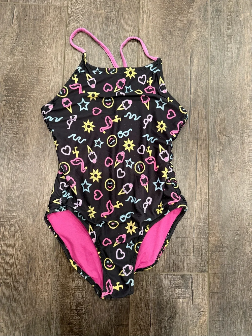 Girls Black Neon Print One Piece Swimsuit – Approx. Size 7/8 Medium